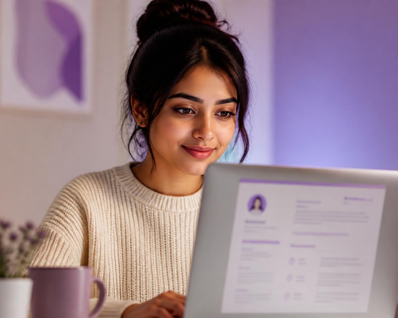 South Asian Gen Z woman working on a laptop showing a resume layout