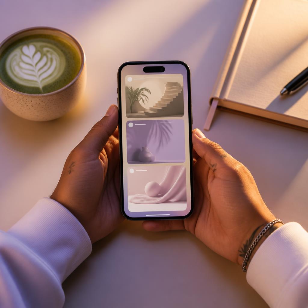 Hands holding a phone showing a vertical AI career story carousel