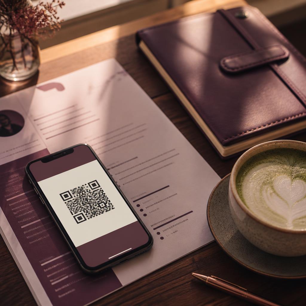A phone with a QR code resting on a printed resume and notebook