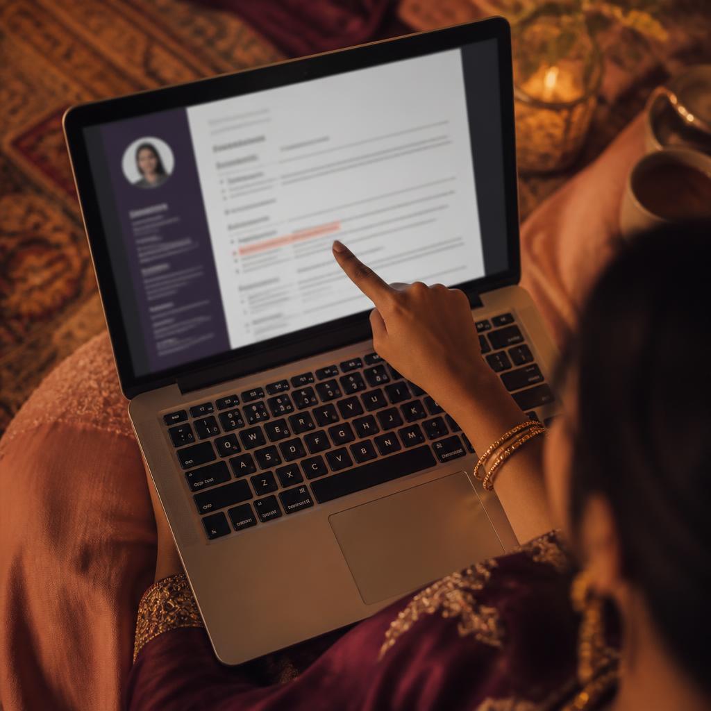 A South Asian woman's hand pointing at a resume bullet on a laptop screen
