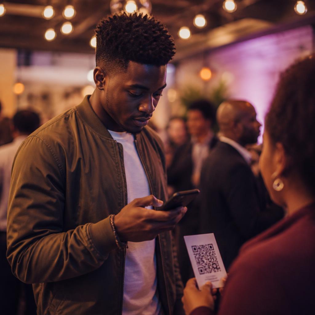 A young Black man scanning a QR code with his phone at an event