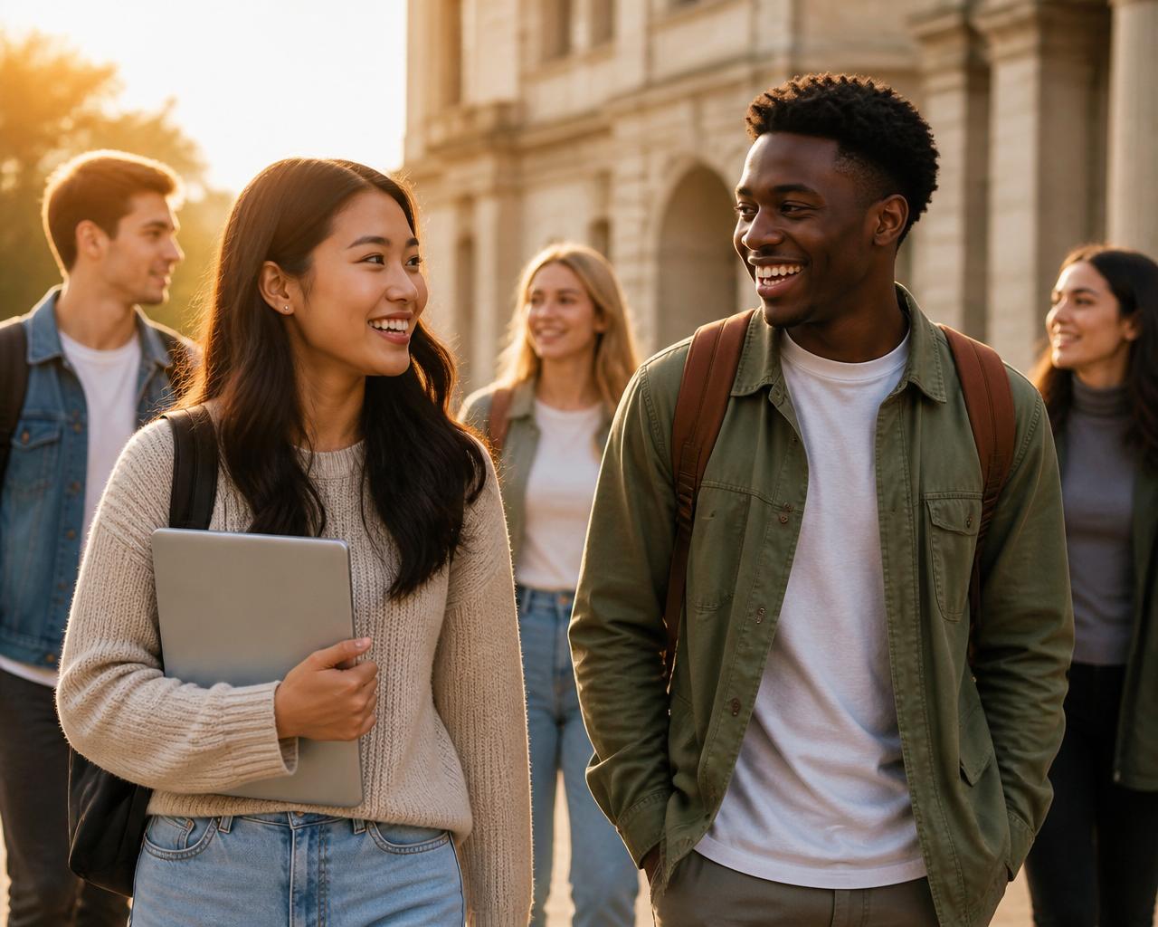 Diverse group of college students walking together on a sunlit campus